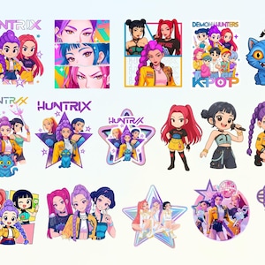 May include: A selection of vibrant digital artwork showcasing anime-style illustrations of a K-pop group. The images include the text "HUNTRIX" and "DEMONHUNTERS KPOP", alongside cartoon characters and a blue cat.