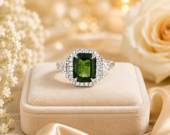 Anillo de esmeralda, peridoto natural y diamantes en oro blanco de 14 quilates, regalo de aniversario, importado gratis.