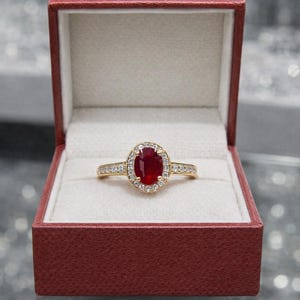 Op de afbeelding: Een gouden ring met een grote ovale robijn in het midden, omringd door een halo van kleinere diamanten. De ring is gezet in een gouden band met extra kleine diamanten. Gepresenteerd in een rode sieradendoos.