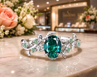 Anillo ovalado de esmeralda natural y diamantes en oro blanco de 14 quilates, regalo de aniversario, importado gratis.