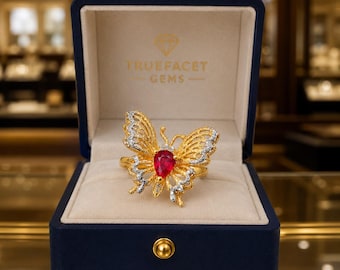 Anillo de rubí natural en forma de pera de 3,20 quilates en oro amarillo de 14 quilates, regalo de aniversario o promesa, importado gratis.
