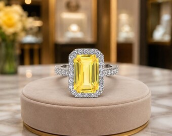 Anillo de zafiro natural talla esmeralda de 4,00 ct y diamantes / Anillo de compromiso de oro blanco de 14 quilates (Importación libre)