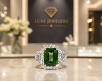Anillo de esmeralda natural y diamantes en oro blanco de 14 quilates, regalo de aniversario, importación libre