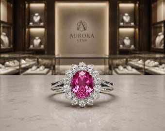 Oval Pink Sapphire Diamond Ring 14K White Gold Statement Engagement 5.30 CT  (Import Free)