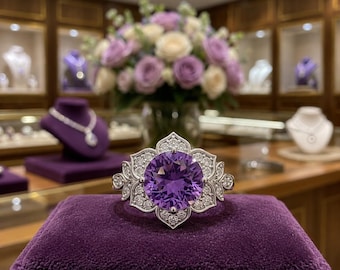 3.00 Ct Natural Amethyst & Diamond 14K White Gold Engagement Ring | (Import Free)