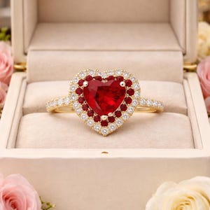 Pode incluir: Um anel de ouro com um rubi em forma de coração, rodeado por diamantes. O anel é apresentado numa caixa creme, com rosas cor-de-rosa e creme no fundo.