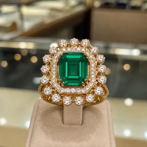 5.20 Ct Emerald Cut Natural Emerald Diamond Ring 14K Yellow Gold Import Free