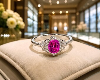 Anillo de compromiso ovalado con zafiro rosa y diamantes en oro blanco de 14 quilates, 5,30 ct (sin importaciones).