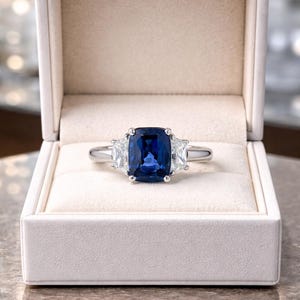 May include: A platinum ring with a large, square, deep blue sapphire center stone and two smaller, white, triangular side stones. The ring is displayed in an open, white jewelry box with a soft, cream-colored interior.