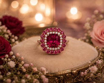 Anillo de compromiso con rubí talla cojín de 4,00 quilates en oro rosa de 14 quilates. Importado gratis.