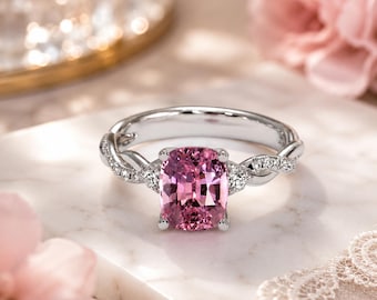 Cushion Pink Sapphire Diamond Ring 14K White Gold Statement Engagement (Import Free)