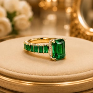 Anillo de diamantes con esmeralda natural talla esmeralda de 3,80 quilates en oro amarillo de 14 quilates. Importación gratuita.