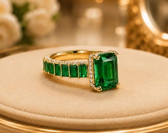 Anillo de diamantes con esmeralda natural talla esmeralda de 3,80 quilates en oro amarillo de 14 quilates. Importación gratuita.