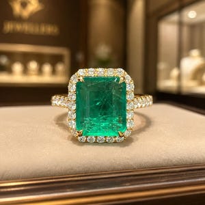 Puede incluir: Un anillo de oro con una gran piedra preciosa verde de corte esmeralda rectangular en el centro, rodeada por un halo de pequeños diamantes blancos redondos y claros. El aro también está engastado con pequeños diamantes blancos redondos.