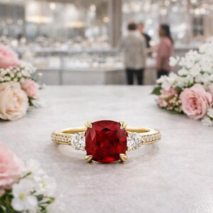 May include: A gold ring featuring a large, square-cut, deep red gemstone as the centrepiece, with two smaller white gemstones either side. The band is embellished with smaller stones. The ring is displayed on a light surface, with floral arrangements in the background.