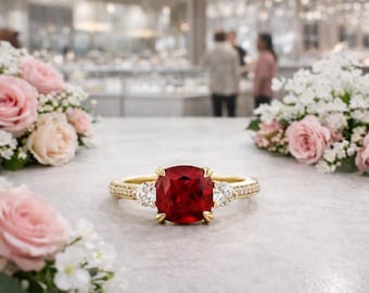 Anillo de compromiso con rubí natural talla cojín, oro amarillo de 14 quilates, 2,75 quilates. Anillo llamativo.