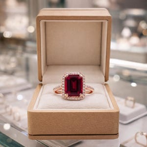 Può includere: Un anello in oro rosa con una grande gemma rettangolare rosso scuro, circondata da pietre più piccole e trasparenti. L'anello è esposto in un cofanetto beige con interno color crema, che ne esalta la brillantezza.