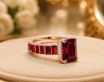 Anillo de compromiso de oro rosa de 14 quilates con rubí y diamantes talla esmeralda / Importado libremente