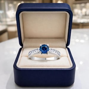 May include: A silver ring with a large, round, blue gemstone center and smaller clear stones along the band. The ring is displayed in an open, navy blue jewelry box with a cream-colored interior.