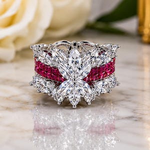 Jubileumring met natuurlijke robijn en diamanten van 6,00 karaat, 14 karaats witgoud, ronde slijping (IGL-gecertificeerd)