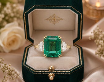 Anillo de diamantes y esmeralda natural talla esmeralda de 5,00 quilates en oro amarillo de 14 quilates. Importado gratis.
