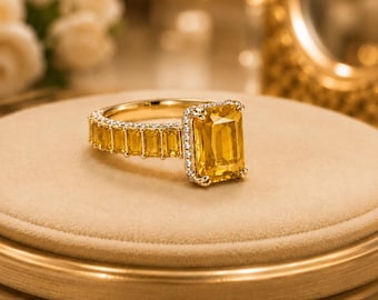 Anillo de oro blanco de 14 quilates con zafiro amarillo esmeralda de 4,00 quilates y diamantes (sin necesidad de importación).
