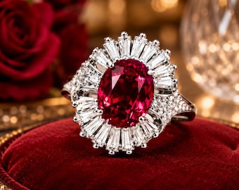Anillo de compromiso ovalado con rubí natural de 4,00 quilates en oro blanco de 14 quilates. Importado gratis.