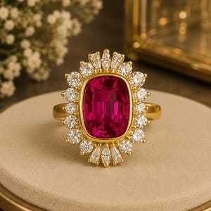 IGL Certified 4.48 Ct Cushion Natural Ruby & Diamond Ring 14K Yellow Gold Anniversary Promise