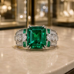 Puede incluir: Un anillo de tono plateado con una gran piedra central verde de corte esmeralda, flanqueada por dos diamantes redondos de corte brillante a cada lado, con esmeraldas y diamantes de corte baguette engastados en el aro de forma simétrica.
