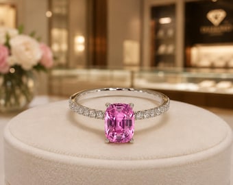 Radiant Pink Sapphire Diamond Ring 14K White Gold Statement Engagement (Import Free)