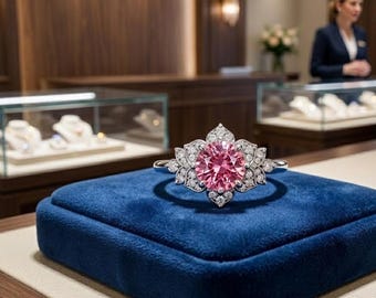 Anillo de compromiso grande de oro blanco de 14 quilates con zafiro rosa redondo y diamantes (sin necesidad de importación)