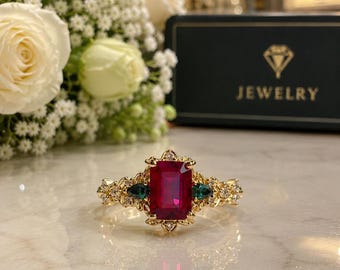 Anillo de rubí y diamante talla esmeralda / Anillo de compromiso de oro blanco de 14 quilates () Importación libre