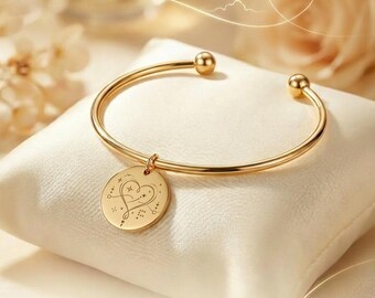 Long Distance Bangle Bracelet, Personalized Coin Jewelry with Engraved Message, Meaningful Gift for Her