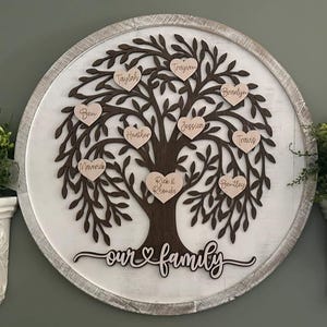 May include: A round wooden family tree wall decor with a distressed white frame. The tree is brown with heart-shaped leaves, each bearing a name. The words "our family" are written in cursive below the tree. Two white decorative plant holders flank the tree.