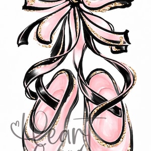 May include: Illustration of pink ballet shoes with black ribbons and a bow. The edges of the shoes and bow are accented with gold glitter. The words "Heart and Home" are written in cursive below the shoes.