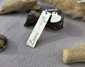 Llavero personalizado con flor de nacimiento y nombre, de acero inoxidable, y colgante de corazón – Regalo para el Día de la Madre, cumpleaños, significado de la flor
