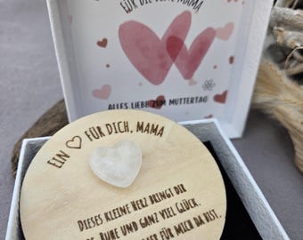 Caja de regalo para mamá: disco de madera con corazón de piedra preciosa y grabado. Regalo para el Día de la Madre: "Un corazón para ti, mamá".