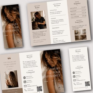 May include: A tri-fold hair salon brochure template in beige and white featuring photography of a person with long hair, text sections for services like cut, color, and styling, pricing placeholders, contact information, and a QR code.