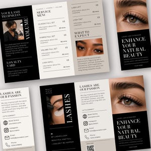 May include: A tri-fold brochure template for a lash salon featuring a black, white, and beige color scheme. It includes sections for a service menu, lash lift and tint details, loyalty card information, and contact details with placeholder text.