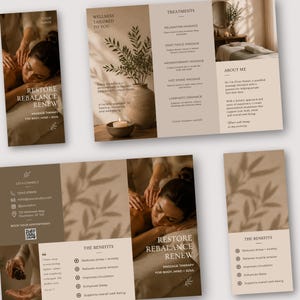 May include: A tri-fold brochure template for massage therapy featuring a neutral beige and brown color palette. The design includes text sections titled Wellness Tailored To You, Treatments, and About Me, alongside imagery of a massage session.