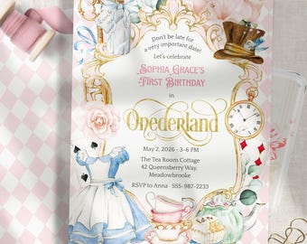 Alice in ONEderland Baby Girl 1st Birthday Invitation Template – Pink Whimsical First Birthday Invite