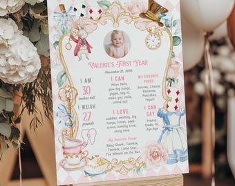 Alice in ONEderland Birthday Milestone Poster, Pink Stats Template (PDF)