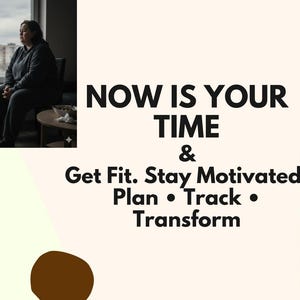 Könnte beinhalten: Bild mit dem Text "NOW IS YOUR TIME & Get Fit. Stay Motivated. Plan • Track • Transform." Es zeigt eine Frau am Fenster und eine Frau in Sportkleidung in einem Fitnessstudio.