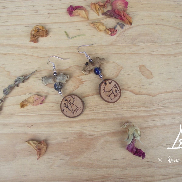 Sami shaman earrings handmade in Birch and Oack wood