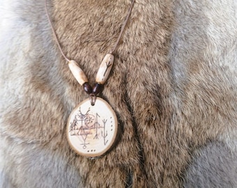 Pendentif chaman d&#39;Odin, bijoux en bois, naturel fait main, païen, scandinave, nordique, viking, dieu scandinave, runes, Ansuz, Algiz