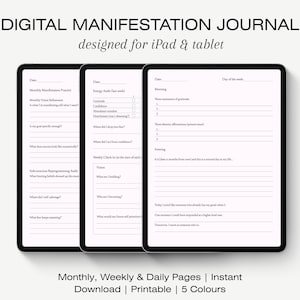 May include: Digital manifestation journal designed for iPad and tablet. The image shows three digital tablets with journal pages. The journal includes monthly, weekly, and daily pages. The text on the image says "5 Colours".