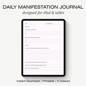 Puede incluir: Un diario digital de Manifestación Diaria diseñado para iPad y tabletas. La tableta negra muestra una página de diario con líneas y indicaciones para la gratitud, afirmaciones y reflexiones diarias. El texto en la parte superior dice "DAILY MANIFESTATION JOURNAL" y "designed for iPad & tablet."