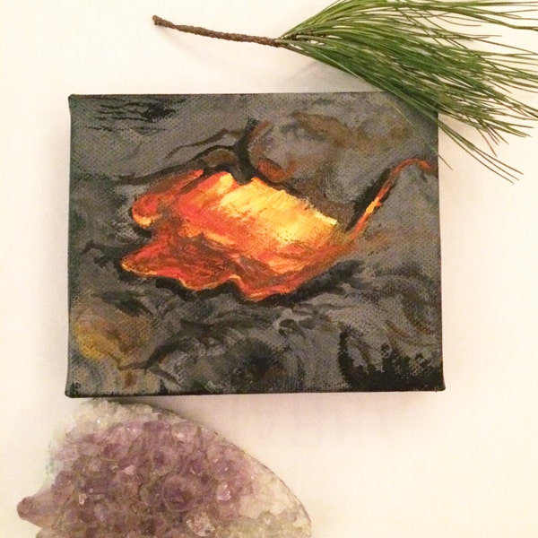 Volcanic Lava Flow - Original Handmade Miniature Canvas Gouache Painting