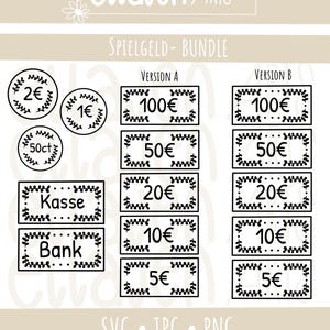 May include: A black and white play money bundle featuring coins and banknotes. The coins are marked 2€, 1€, and 50ct. Banknotes are labelled 100€, 50€, 20€, 10€, and 5€. The words "Kasse" and "Bank" are also included.