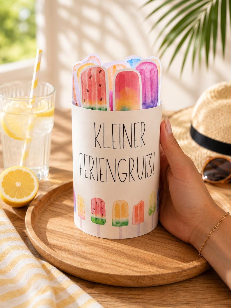 May include: A cylindrical white paper container featuring the black text "KLEINER FERIENGRUB!" and colorful watercolor illustrations of various popsicle shapes. The container is filled with several die-cut popsicle-shaped paper cards.